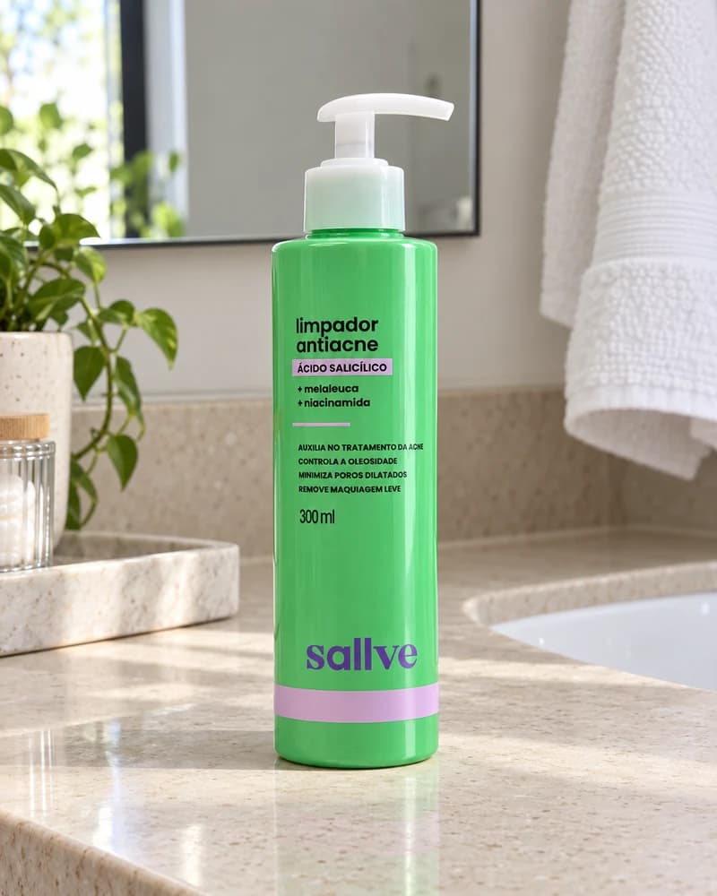 Cena ilustrativa do Sallve Limpador Antiacne 300 ml em uma bancada de banheiro