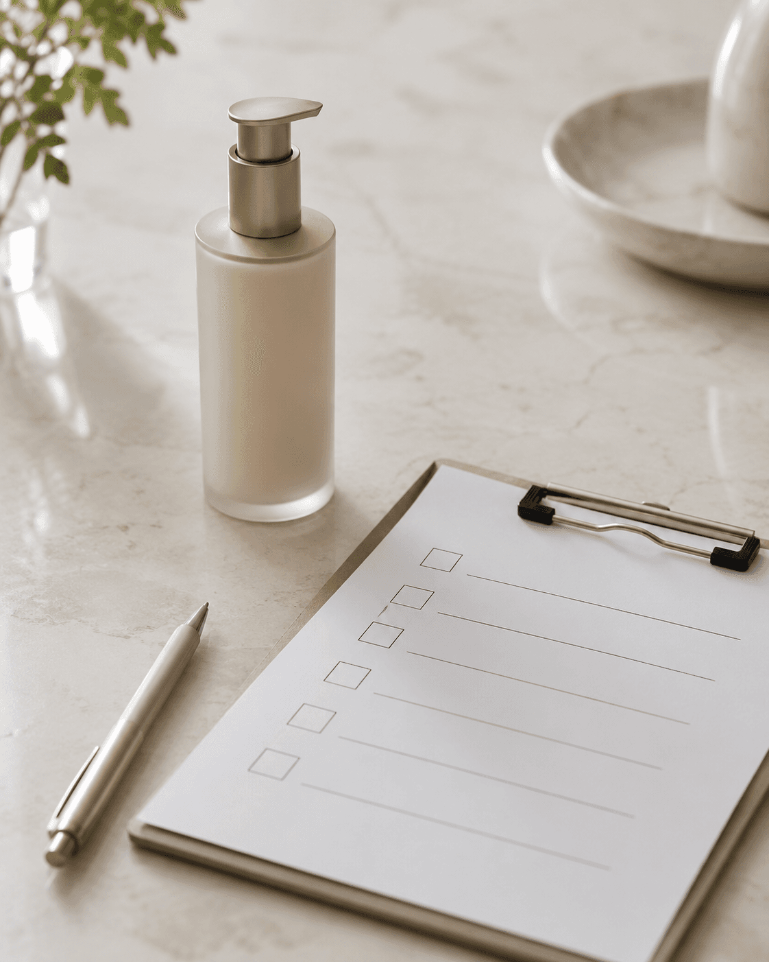 Checklist e produto de skincare em bancada clara