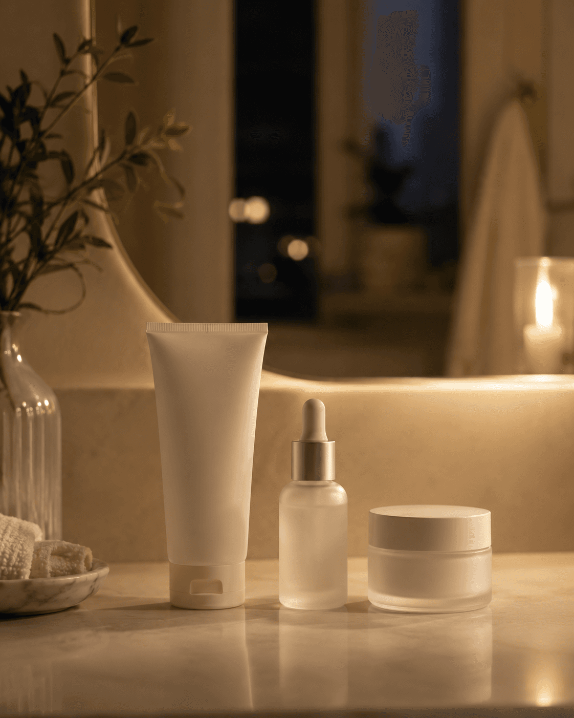 Produtos de skincare sobre bancada em cena de rotina