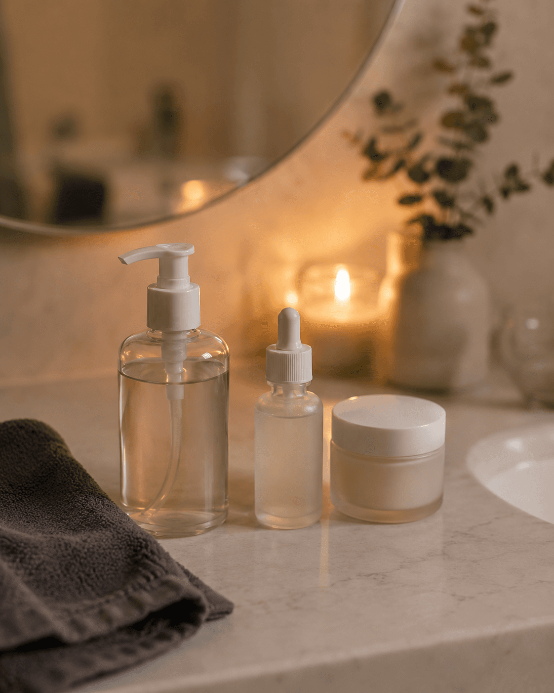 Produtos de skincare em rotina noturna sobre bancada