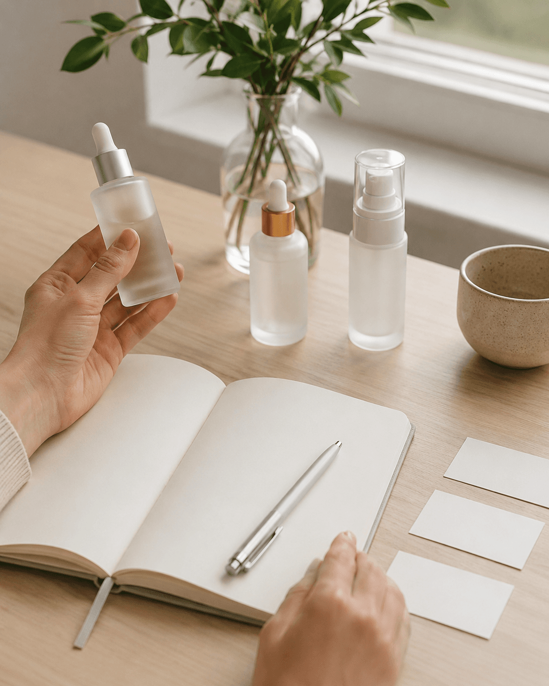 Caderno e produtos de skincare usados para comparação de avaliação