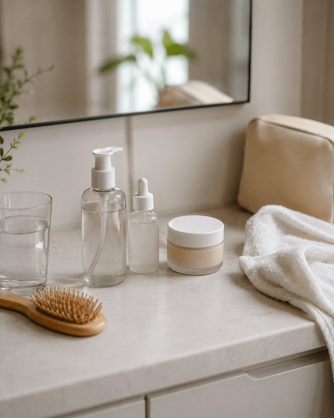 Produtos de skincare sobre bancada clara
