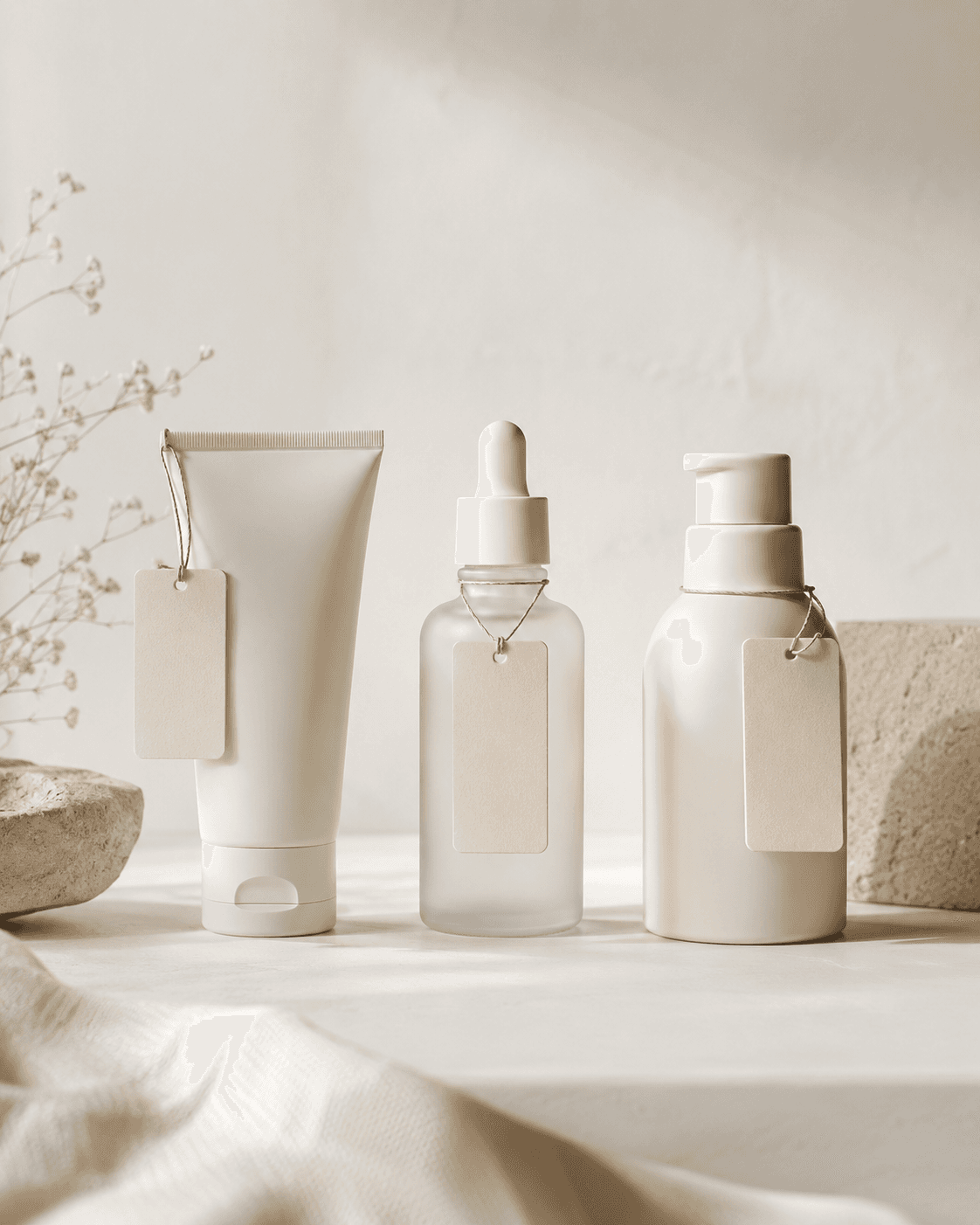 Produtos de skincare genéricos organizados sobre bancada