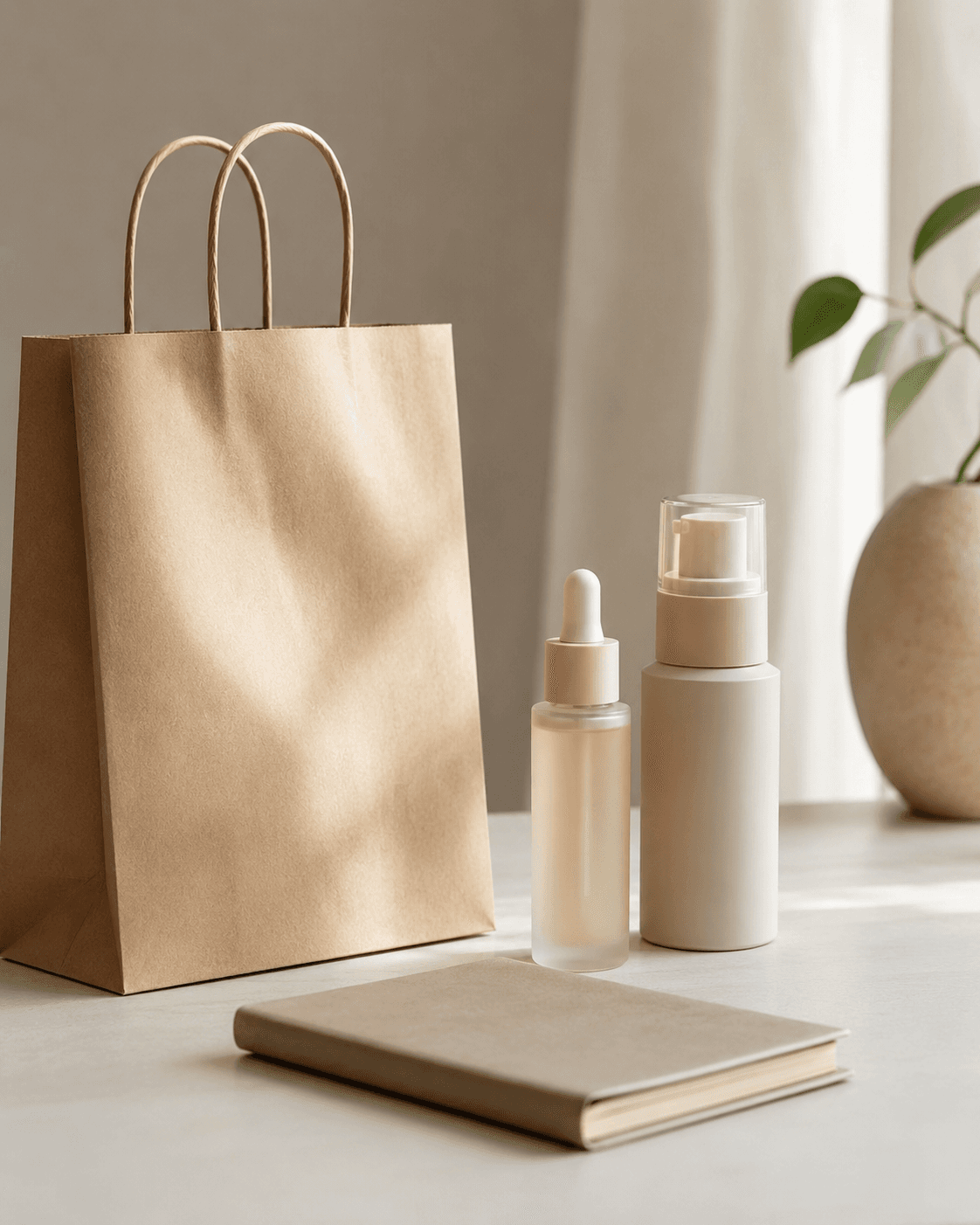 Produtos de skincare e sacola de compras sobre mesa clara